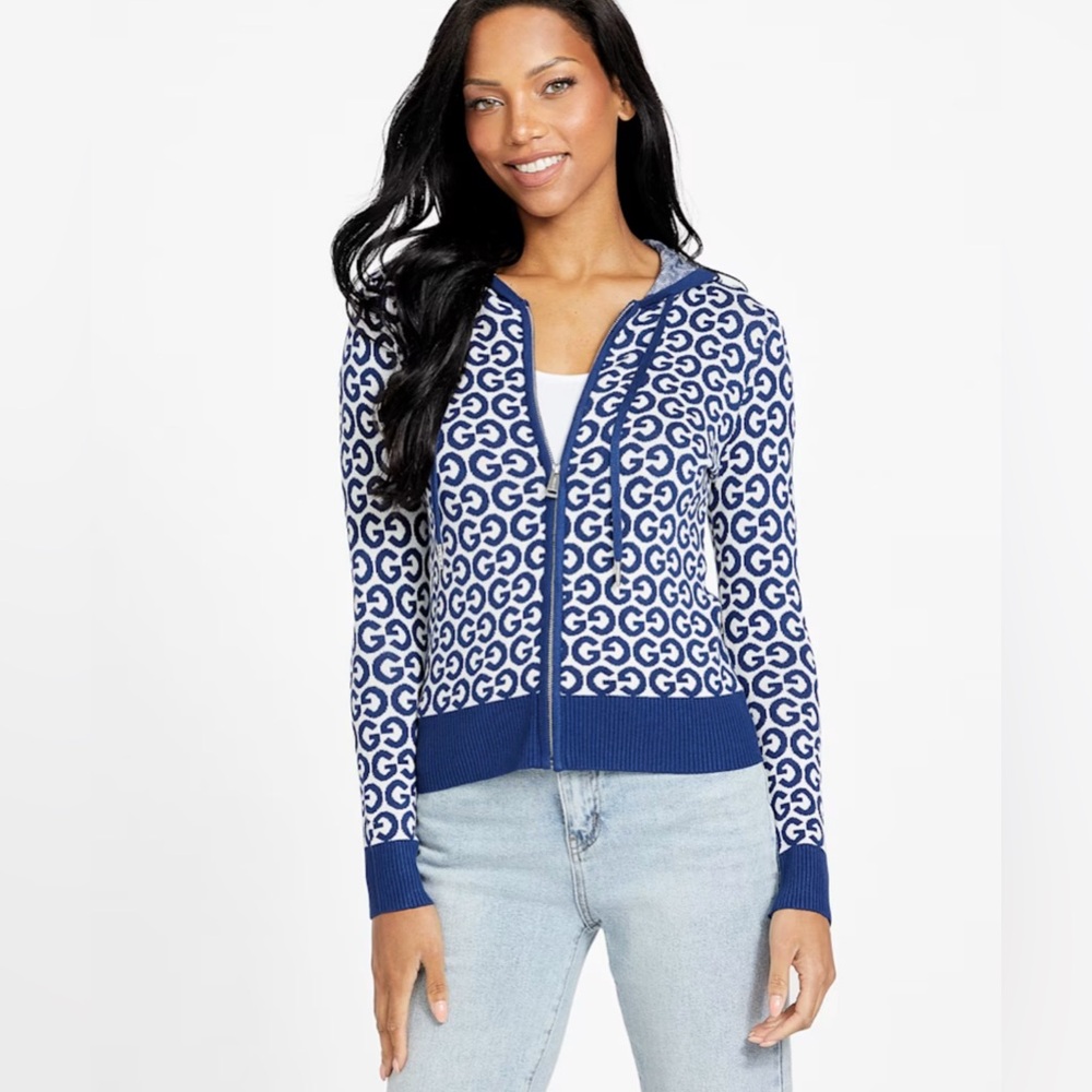 Guess Los Angeles Alexa Full Zip-Up hooded sweater jacket blue and white Medium